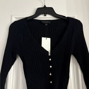 Cotton Candy Black V-Neck Sweater with Pearl Accents